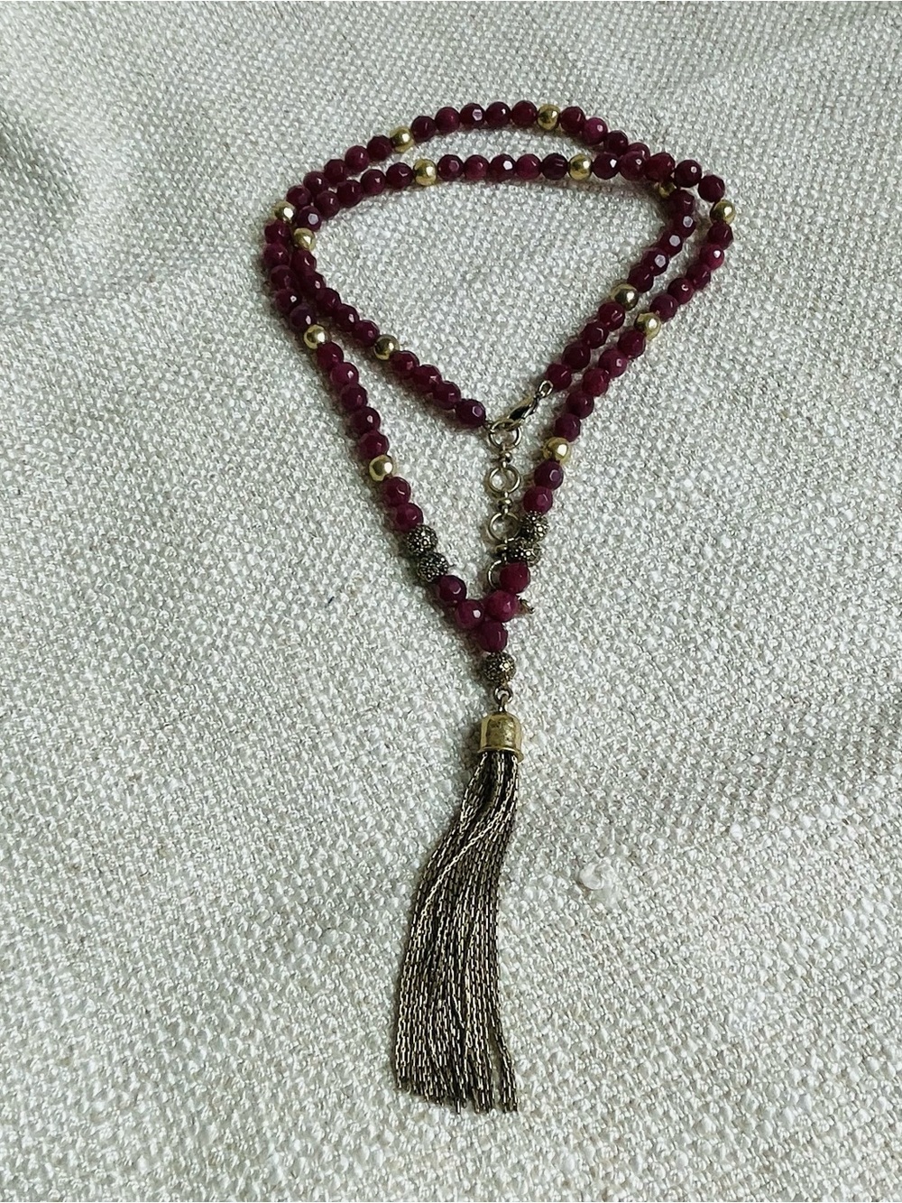 Lucky Brand Elegant Ruby-Red Tone Faceted Stone Beaded Tassel Necklace